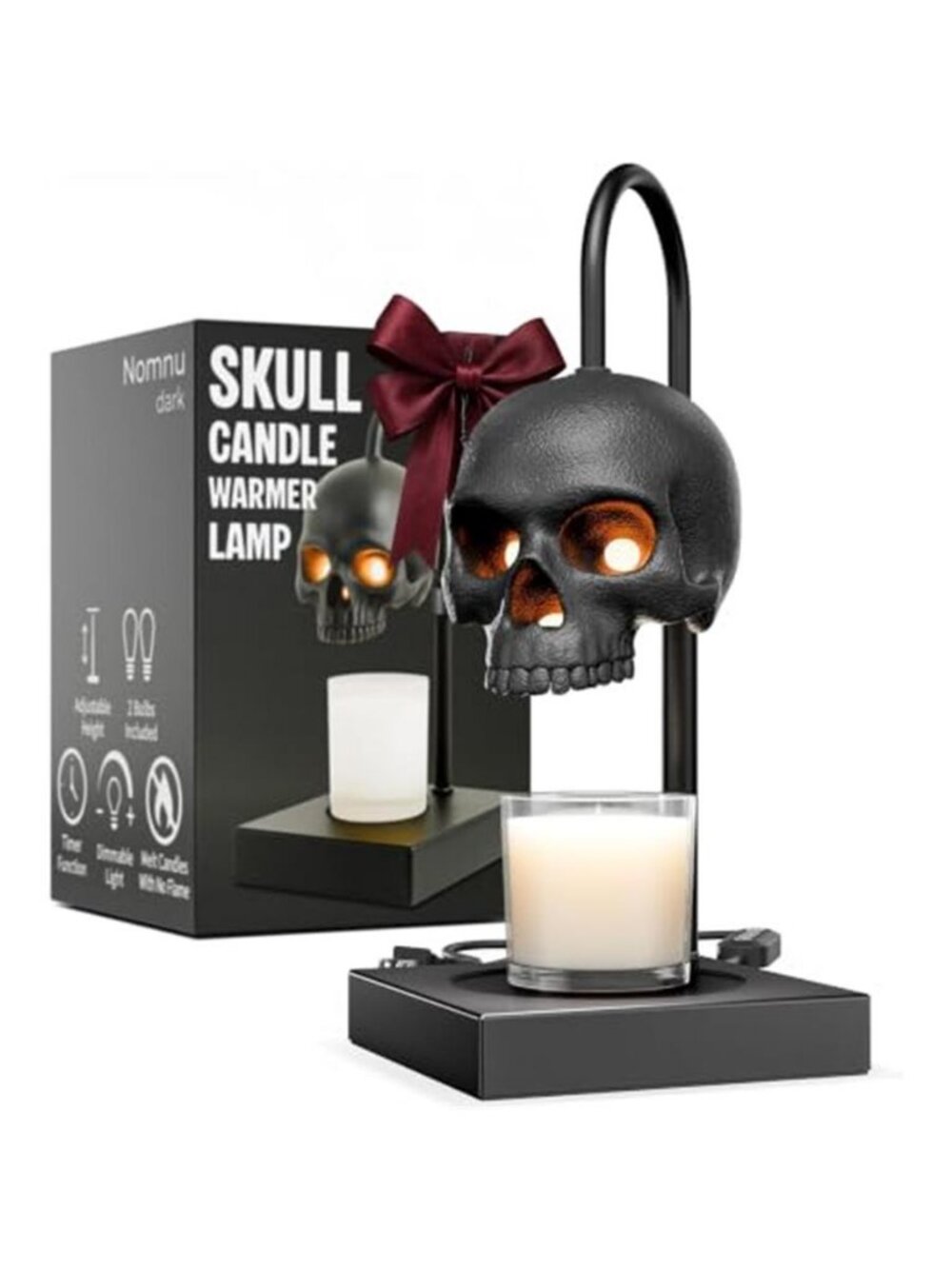 Skull Candle Warmer Lamp, Black Spooky Gothic Decor w/Timer & Dimmer